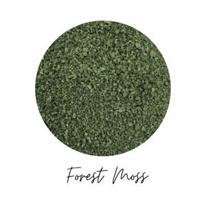 Close-up circle swatch of Forest Moss dark green craft sand with the color name written below