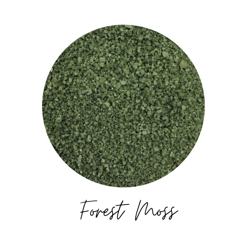 Close-up circle swatch of Forest Moss dark green craft sand with the color name written below