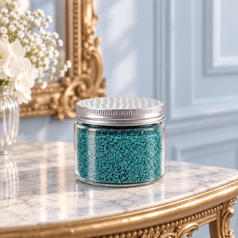 Closed clear jar of teal colored quartz sand with a silver metal screw lid on a marble console table with a carved gold edge, next to a glass vase of white flowers and baby's breath, a gilded mirror and pale blue panelled walls.