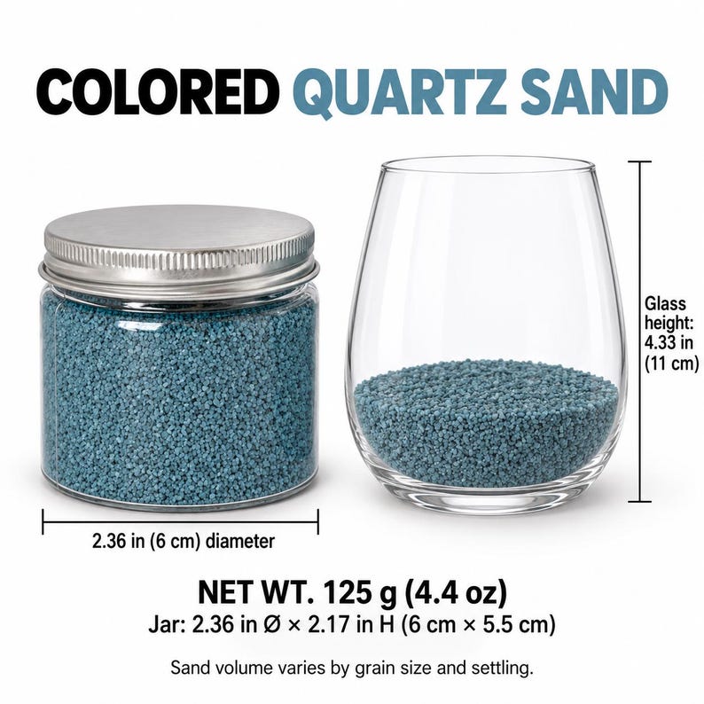 Closed clear jar of dusty teal blue colored quartz sand with a silver metal screw lid, next to a stemless wine glass with a layer of the same sand at the bottom. Text: Colored Quartz Sand, Net Wt. 125 g (4.4 oz), jar 2.36 in diameter x 2.17 in high (6 x 5.5 cm), glass height 4.33 in (11 cm), sand volume varies by grain size and settling.
