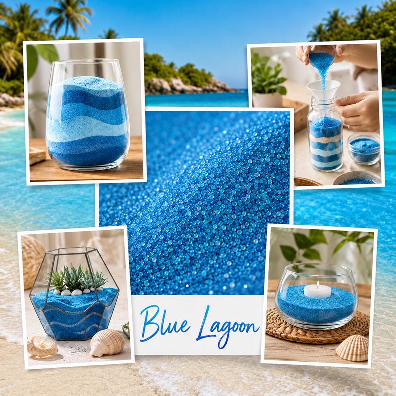 Blue Lagoon colored quartz sand collage showing layered sand art, bottle filling, terrarium decor, and a candle holder with a tropical beach theme