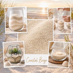 Coastal Beige quartz sand collage showing sand art, terrarium, candle decor, and pouring into a glass bottle