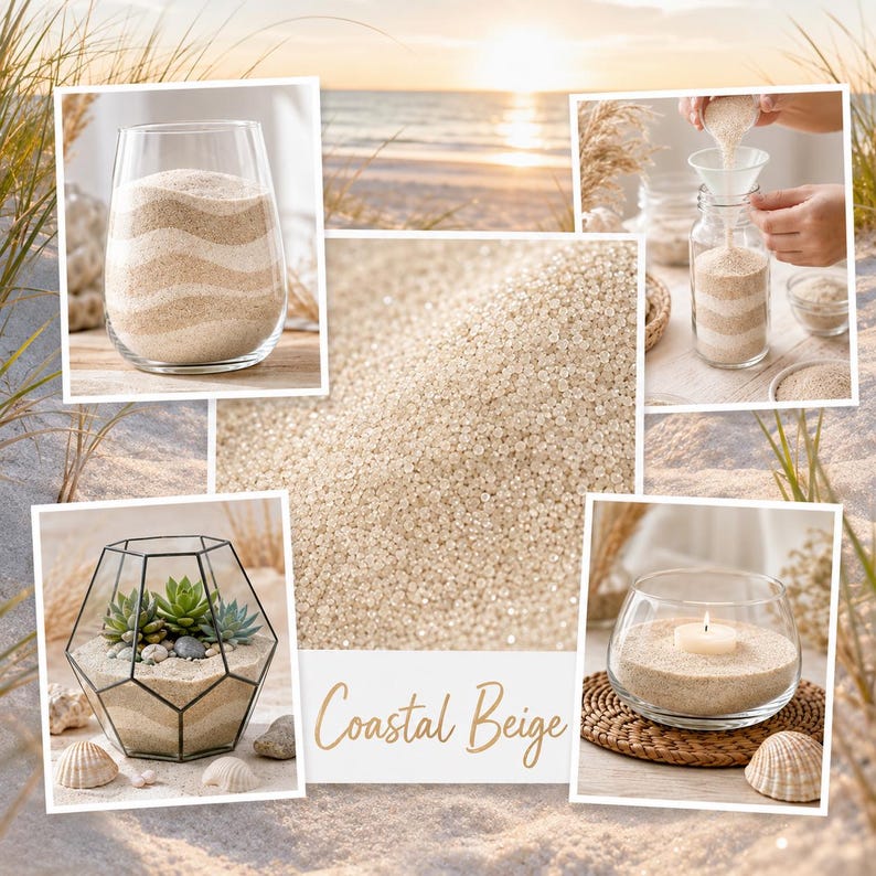 Coastal Beige quartz sand collage showing sand art, terrarium, candle decor, and pouring into a glass bottle