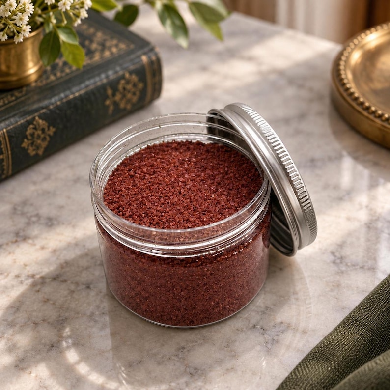 Open clear jar of deep brick red colored quartz sand with the silver metal lid leaning against it, on a marble surface next to an old green book, a small brass vase with white flowers, a brass tray and olive green fabric.