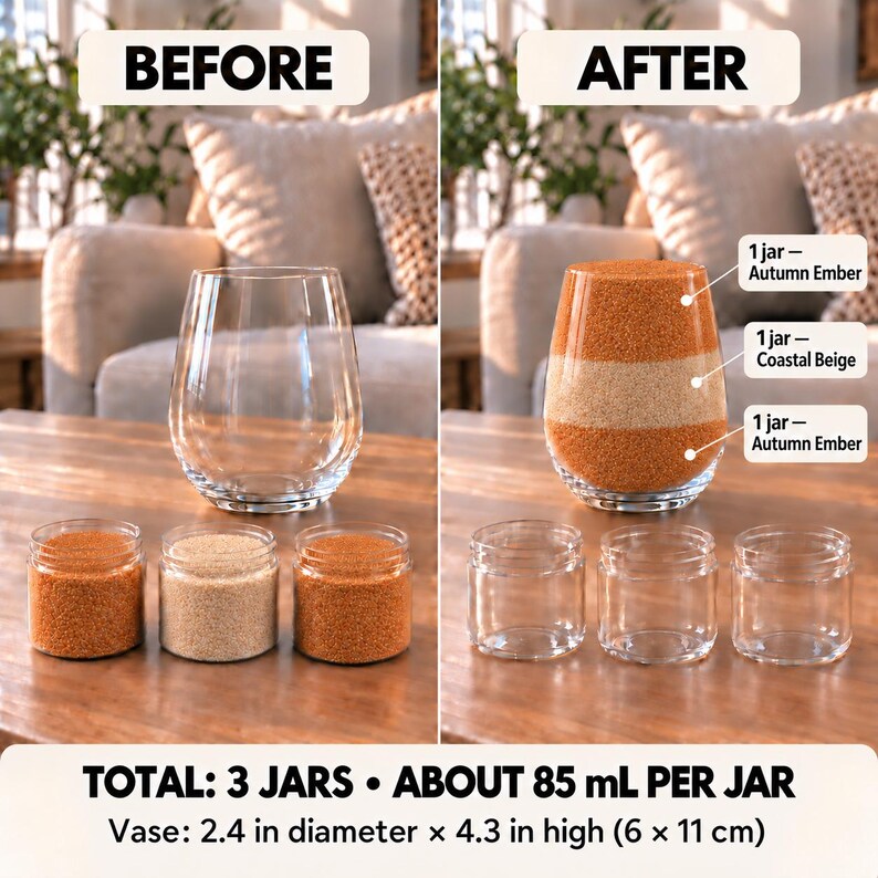 Before and after comparison of a stemless glass vase on a wooden table. Before: the empty vase with three open jars of quartz sand in front of it, two in Autumn Ember orange and one in Coastal Beige. After: the vase filled with three layers, Autumn Ember at the bottom, Coastal Beige in the middle and Autumn Ember on top, with the three empty jars below. Text: total 3 jars, about 85 mL per jar, vase 2.4 in diameter x 4.3 in high (6 x 11 cm).