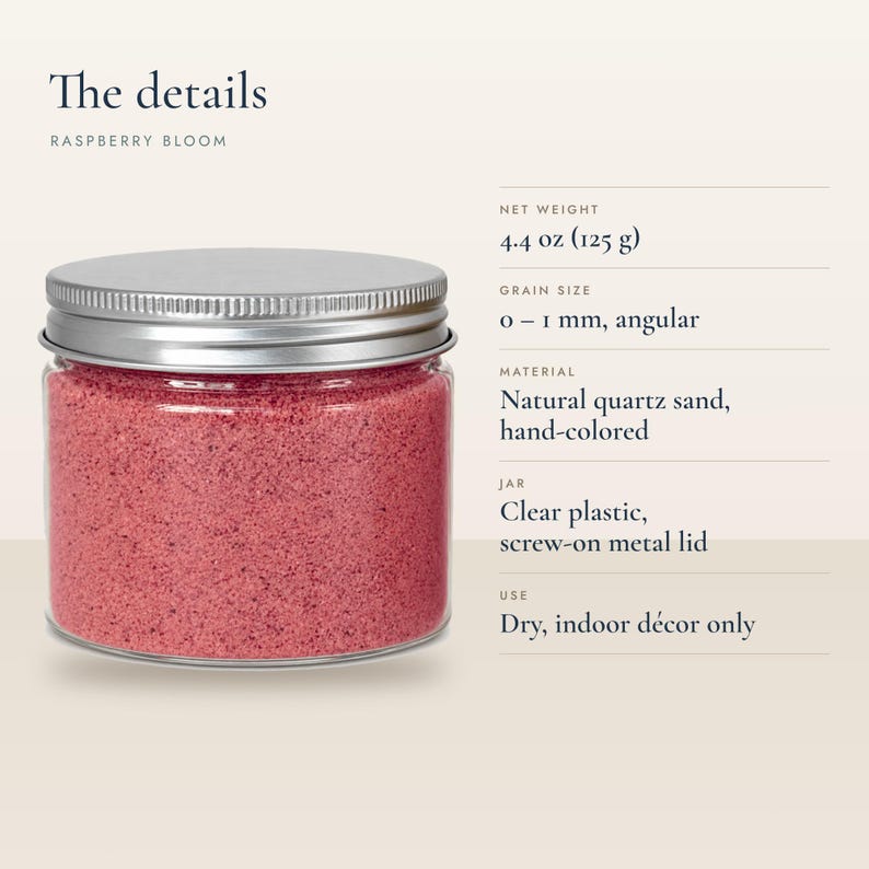 Product details infographic for Raspberry Bloom colored quartz sand showing 4.4 oz net
weight, 0-1 mm angular grains, and dry terrarium decor use.
