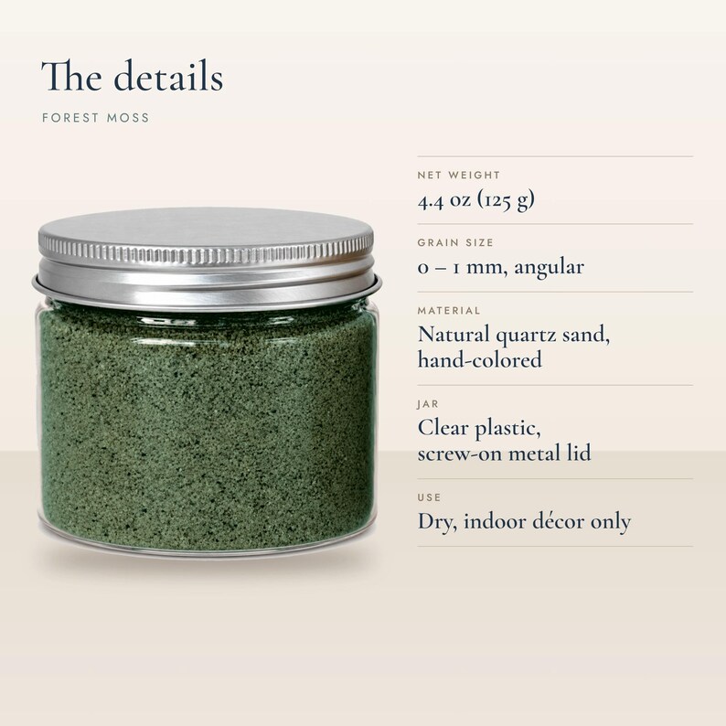 Jar of Forest Moss craft sand, text lists 4.4 oz (125 g), angular 0-1 mm grains, natural quartz sand, dry indoor decor only