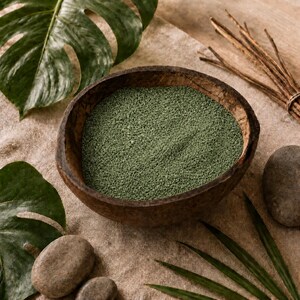 Rustic wooden bowl filled with Olive Grove green quartz sand on a linen cloth, surrounded by monstera leaves, smooth grey stones and a bundle of dry twigs