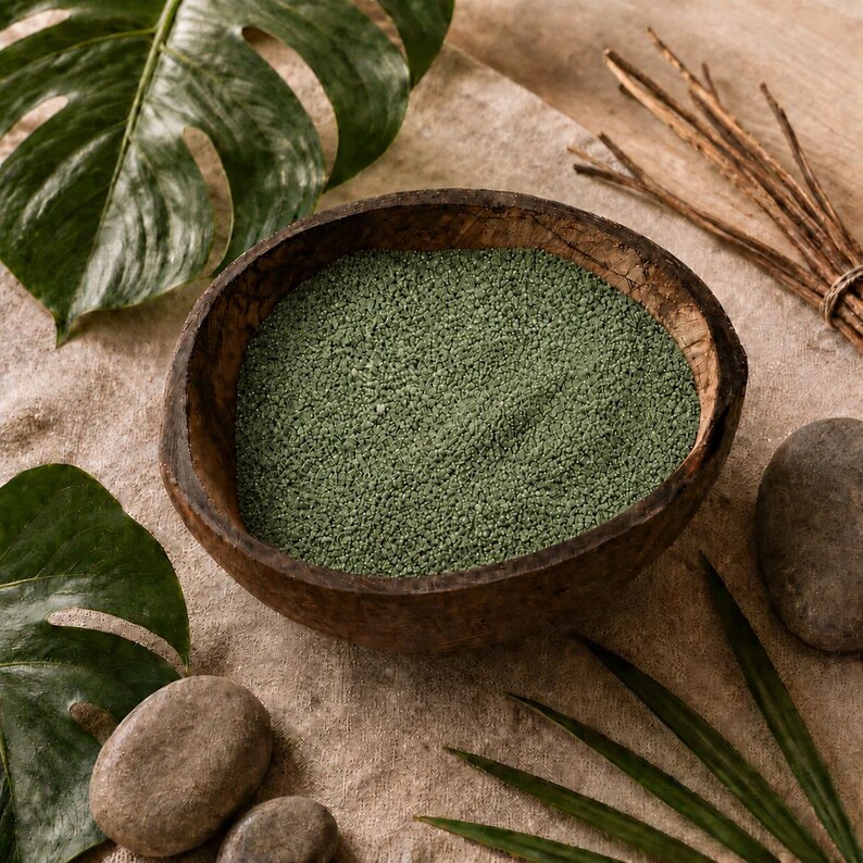 Rustic wooden bowl filled with Olive Grove green quartz sand on a linen cloth, surrounded by monstera leaves, smooth grey stones and a bundle of dry twigs
