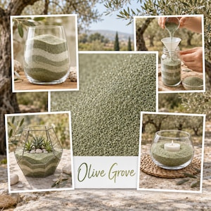 Collage of craft ideas with Olive Grove green quartz sand in an olive tree setting: a vase with wavy green and cream sand layers, sand being poured through a funnel into a jar, a geometric terrarium with succulents, a glass candle holder with a tealight, and a close-up of the sand with the color name
