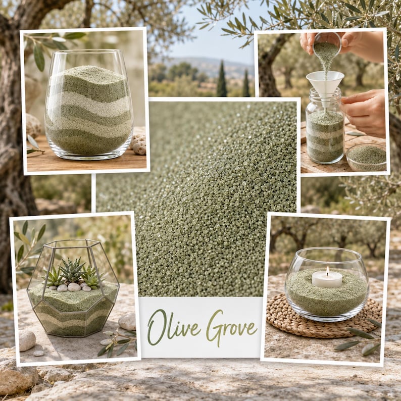 Collage of craft ideas with Olive Grove green quartz sand in an olive tree setting: a vase with wavy green and cream sand layers, sand being poured through a funnel into a jar, a geometric terrarium with succulents, a glass candle holder with a tealight, and a close-up of the sand with the color name