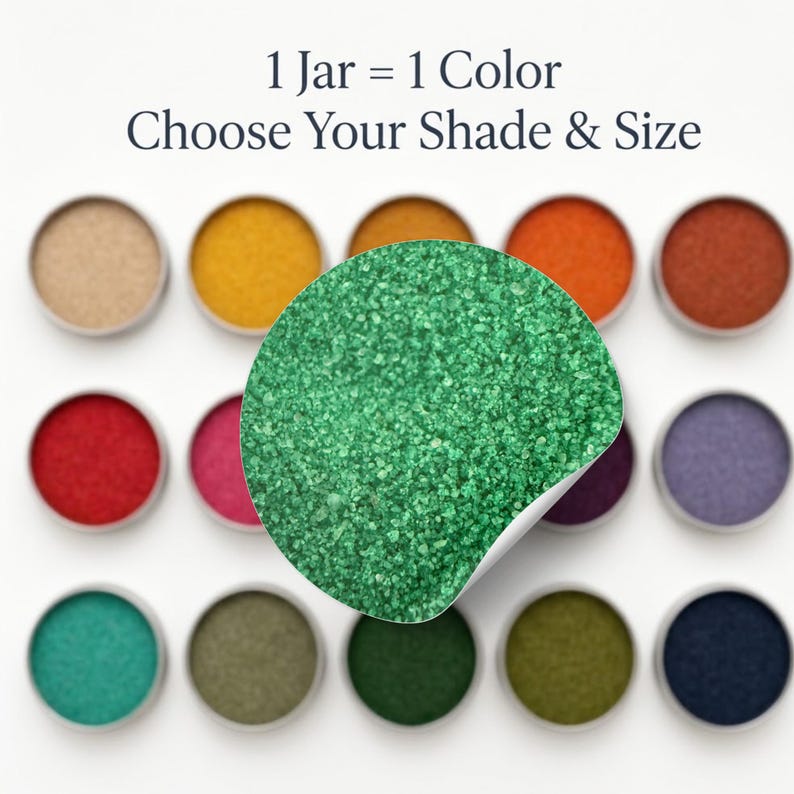 Lagoon Green sand swatch shown over a grid of 15 sand colors, text reads 1 Jar = 1 Color, Choose Your Shade and Size