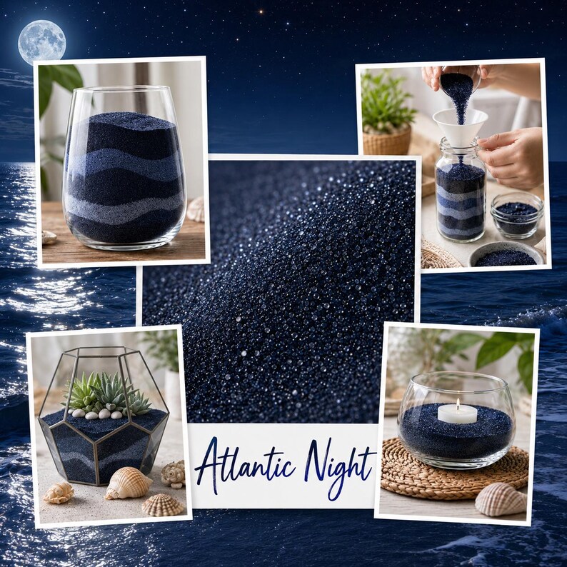 Collage of Atlantic Night sand project ideas: layered vase, sand art jar, geometric dry terrarium, and tealight candle holder