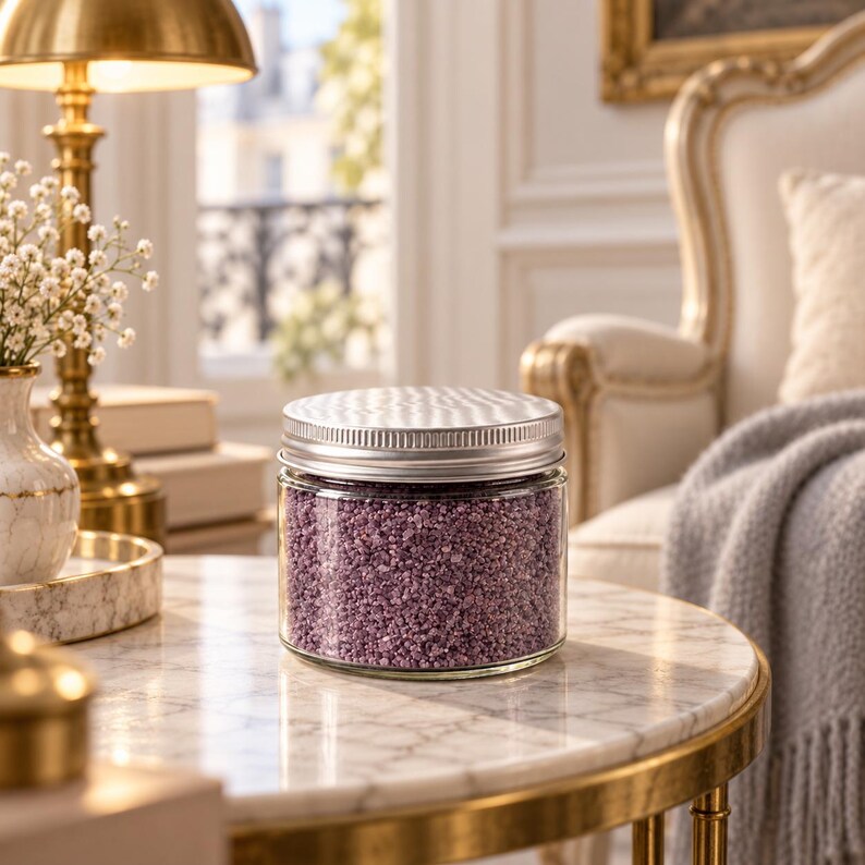Closed clear jar of Plum Velvet colored quartz sand with a silver metal screw lid on a round marble and gold side table, in a bright room with a brass lamp, small white flowers, a cream armchair with gold trim, a grey knit throw and a balcony window.