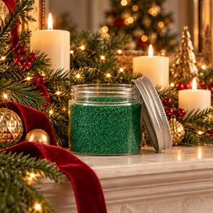Open jar of Lagoon Green craft sand on a mantel with pine garland, red ribbon, ornaments, and lit candles
