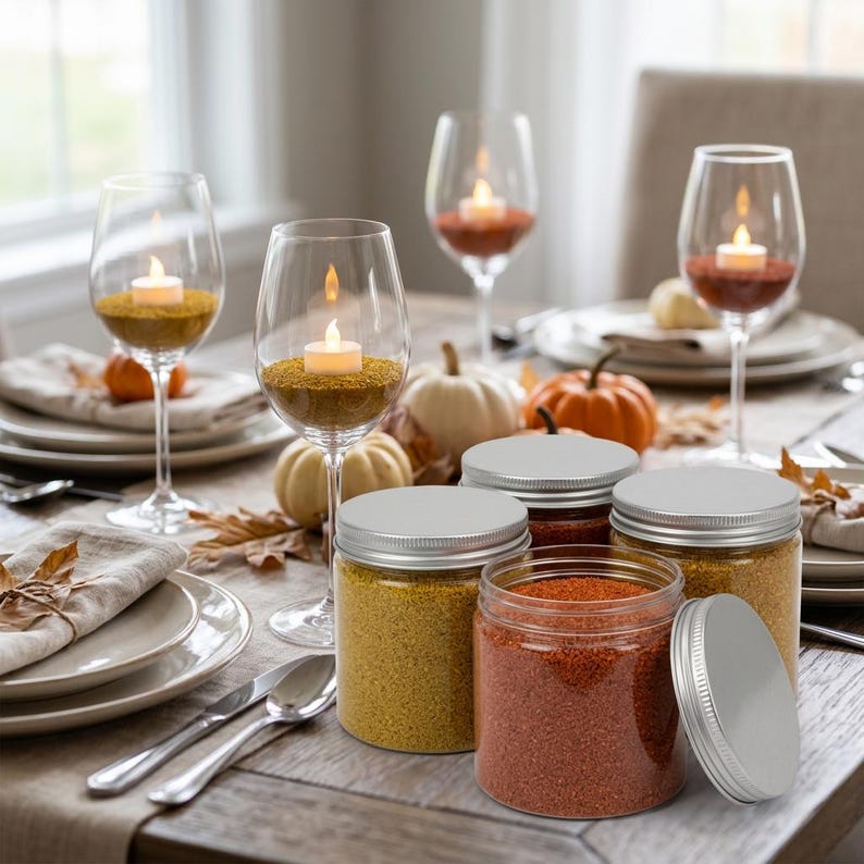 Autumn table centerpiece featuring wine glasses filled with Amber Gold and red quartz
sand holding tea light candles, designed for dry terrarium and table decor.