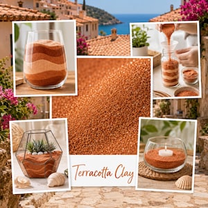 Collage of craft ideas with Terracotta Clay quartz sand in a Mediterranean village setting with tiled roofs and the sea: a vase with wavy terracotta and peach layers, sand being poured through a funnel into a jar, a geometric terrarium with succulents, a glass candle holder with a tealight, and a close-up of the sand with the color name.