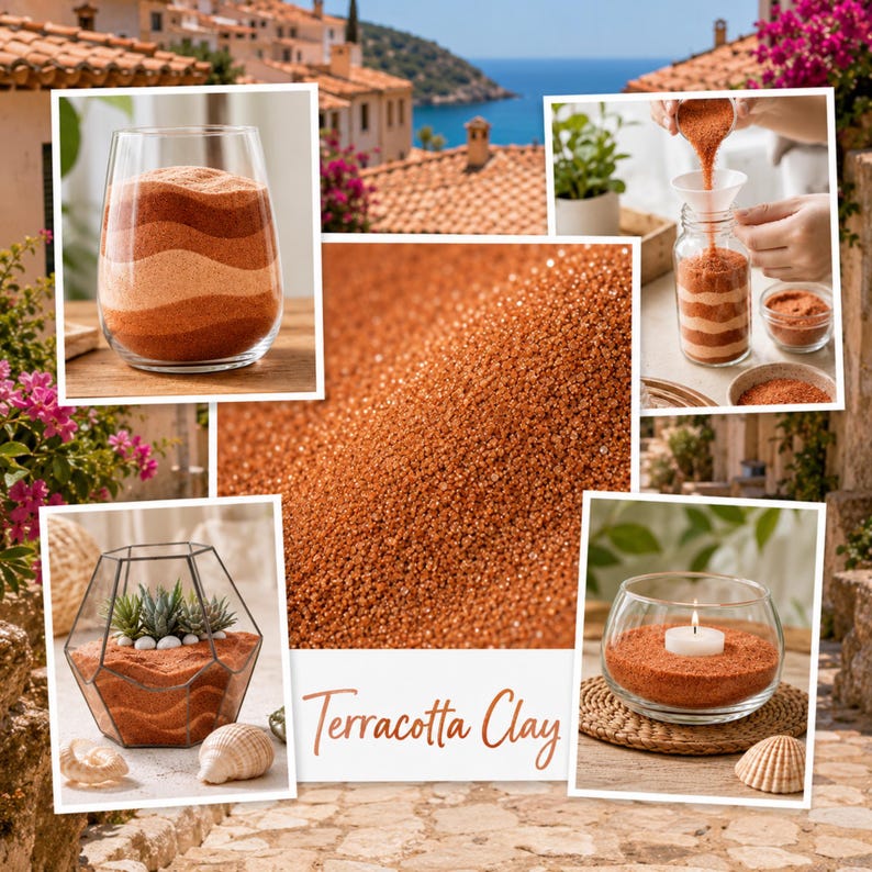 Collage of craft ideas with Terracotta Clay quartz sand in a Mediterranean village setting with tiled roofs and the sea: a vase with wavy terracotta and peach layers, sand being poured through a funnel into a jar, a geometric terrarium with succulents, a glass candle holder with a tealight, and a close-up of the sand with the color name.