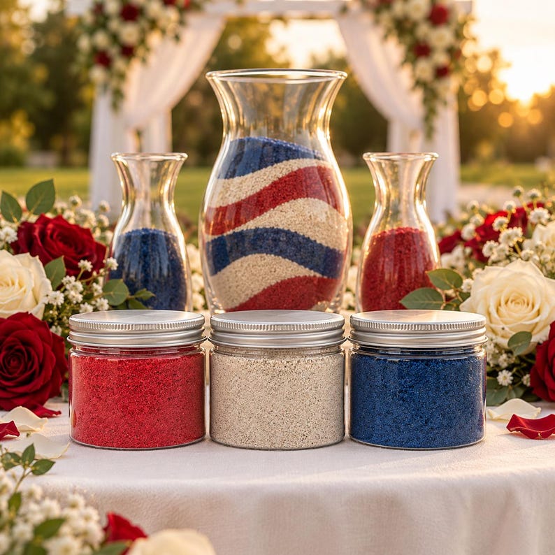 Three closed clear jars of red, off-white and royal blue quartz sand in front of a glass ceremony vase with wavy red, white and blue layers. Two smaller vases hold the blue and red sand. Red and white roses and baby’s breath surround them, with a white wedding arch at sunset behind.