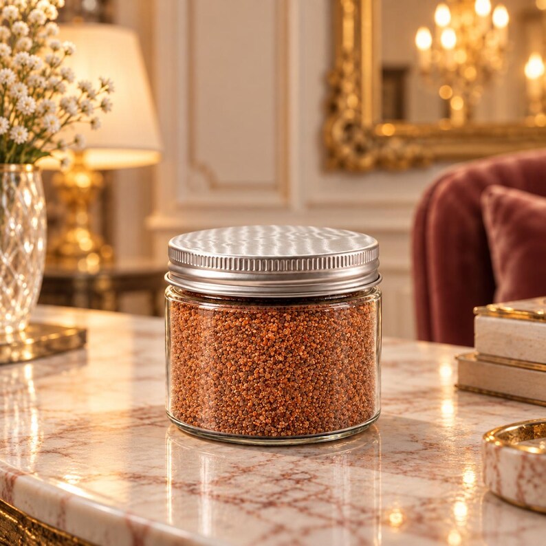 Closed clear jar of Terracotta Clay colored quartz sand with a silver metal screw lid on a pink veined marble table, in an elegant room with a crystal vase of small white flowers, a lit table lamp, a gilded mirror and a burgundy velvet armchair.