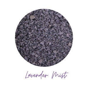 Close-up circle swatch of Lavender Mist gray-purple craft sand with the color name written below