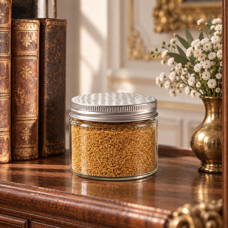Closed clear jar of Amber Gold colored quartz sand in a warm golden amber, with a silver metal screw lid, on a polished wooden shelf next to antique leather-bound books and a brass vase of small white flowers, in an elegant room with gilded details.