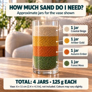 Sand quantity guide showing a tall cylindrical glass vase filled with four layers of colored quartz sand, one jar each: Forest Moss green at the bottom, then Autumn Ember orange, Amber Gold and Coastal Beige on top. Text: total 4 jars, 125 g each, vase 6 x 11 cm (2.4 x 4.3 in), not included, colours may vary slightly.