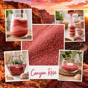Canyon Rose colored quartz sand collage showing layered glass art, bottle filling, dry terrarium decor, and candle styling against a canyon-inspired background