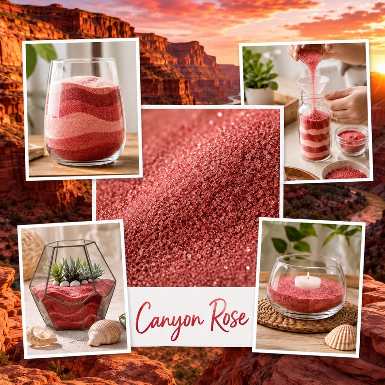 Canyon Rose colored quartz sand collage showing layered glass art, bottle filling, dry terrarium decor, and candle styling against a canyon-inspired background