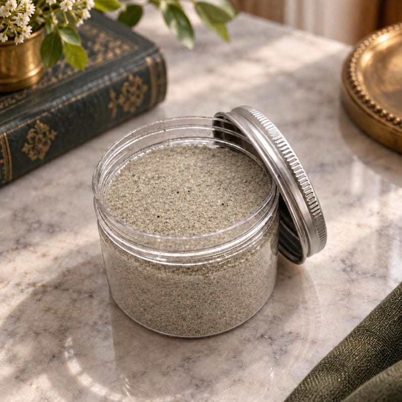 Open jar of Coastal Beige colored quartz sand styled with a vintage book and gold home decor
