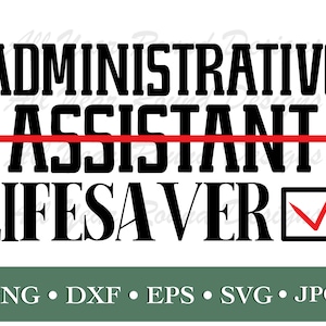 Puede incluir: Gráfico de texto negro y rojo que dice "Administrative Assistant" con una línea roja que tacha "Assistant" y una marca de verificación en una casilla junto a "Lifesaver".