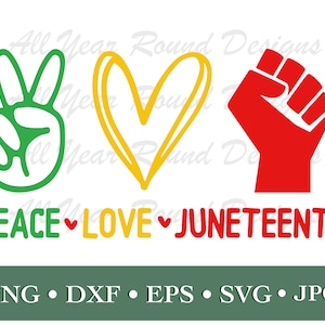 Puede incluir: Diseño gráfico de paz, amor y Juneteenth con un signo de paz verde, un corazón amarillo y un puño rojo. El texto "PEACE LOVE JUNETEENTH" está debajo de los símbolos.
