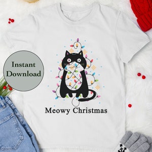 Meowy Christmas SVG DXF PNG Eps Jpg File, Cat Christmas Holiday Cut Files For Shirt Making, Cricut, Silhouette, Scan N Cut, Diy T-Shirt