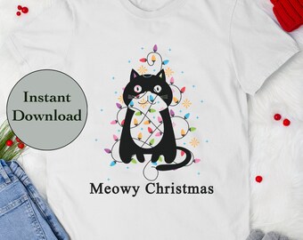 Meowy Christmas SVG DXF PNG Eps Jpg Archivo, Cat Christmas Holiday Cut Files para hacer camisas, Cricut, Silueta, Scan N Cut, Camiseta Diy