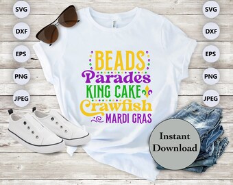 Beads Parades King Cake Crawfish SVG PNG Jpg DXF Eps Files, Mardi Gras Cuttable T-Shirt File, Carnival Cricut, Silhouette, Sublimation Files