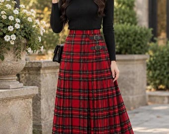 Women's Red Tartan Maxi Skirt - Gothic Vintage Scottish Style Long Skirt