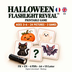 Puede incluir: Un juego imprimible de Halloween Flashlight Reveal con 24 imágenes y 3 juegos para edades de 3 a 6 años. El set incluye tarjetas con ilustraciones de una calabaza, fantasma, gato negro, murciélago y un signo de interrogación, y una linterna.