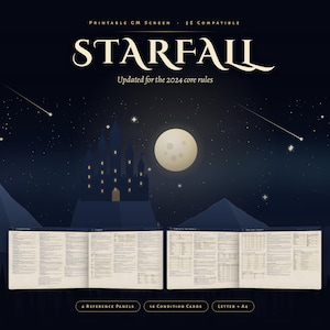 May include: A printable GM screen titled STARFALL, updated for the 2024 core rules, featuring a night sky with a moon, stars, and a castle. The set includes four reference panels, sixteen condition cards, and is available in letter and A4 sizes.
