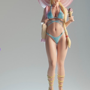 Blonde Fighter Girl Figurine, Summer Beach Collectible Statue with Sun Hat and Ice Cream