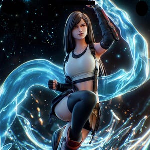 May include: A collectible figurine of a character with long dark hair, wearing a white tank top, black shorts, and black arm guards. The figure is posed dynamically amidst swirling blue light effects against a dark, starry background.