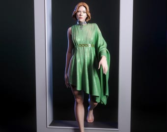 Retro Sci-Fi Woman Figurine in Green Dress with Rectangular Display Frame