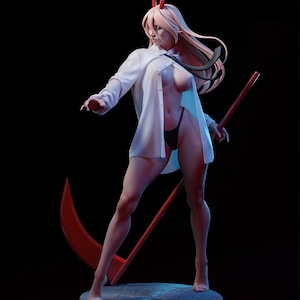 May include: A collectible figurine of a character with long blonde hair, red horns, and a black tie, wearing an unbuttoned white shirt and black underwear. The figure holds a large red scythe and stands on a circular base against a black background.