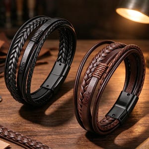 May include: Two multi-strand bracelets featuring braided and smooth leather cords. The black bracelet is engraved with the name Colin, and the brown bracelet is engraved with the name Archie. Both bracelets have black metal magnetic clasps.