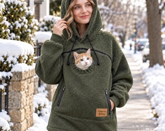 Moletom com Capuz para Transporte de Animais de Estimação, Ideal para Gatos e Cães de Pequeno Porte | Bolsa Canguru em Lã de Cordeiro | Blusa Unissex Confortável