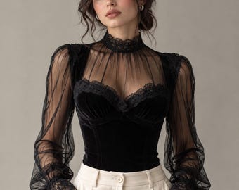 Fluwelen korsettop, gotische kanten blouse, doorschijnende top met lange mouwen van mesh, Victoriaanse stijl