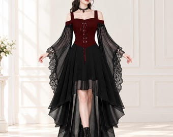 Gothic-Hexenkostüm, Vampir-Halloweenkleid für Damen, Renaissance-Korsettkleid, Schmetterlingsärmel aus Netzstoff