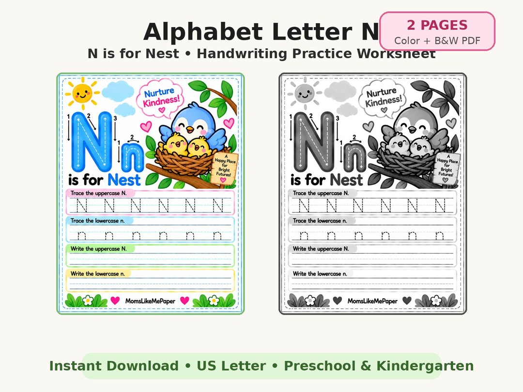 Letter N Tracing Worksheet – N is for Nest | Preschool Alphabet ...