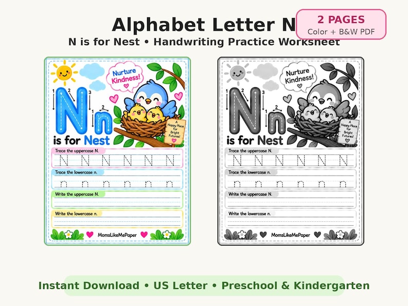 Letter N Tracing Worksheet – N is for Nest | Preschool Alphabet ...