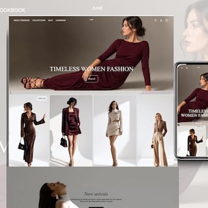 Puede incluir: Una interfaz de sitio web para la marca de moda 2JUNE, que muestra una imagen principal de una persona con un vestido burdeos de manga larga, seguida de una cuadrícula de prendas que incluye vestidos, blazers y pantalones, con vista móvil a la derecha.