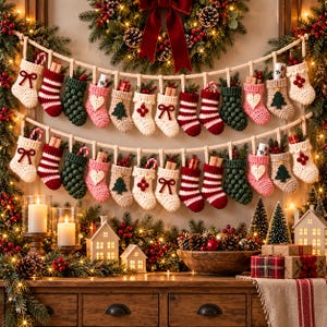 Mini Stocking Advent Calendar Crochet Pattern, 24 Designs, Holiday Garland (PDF)